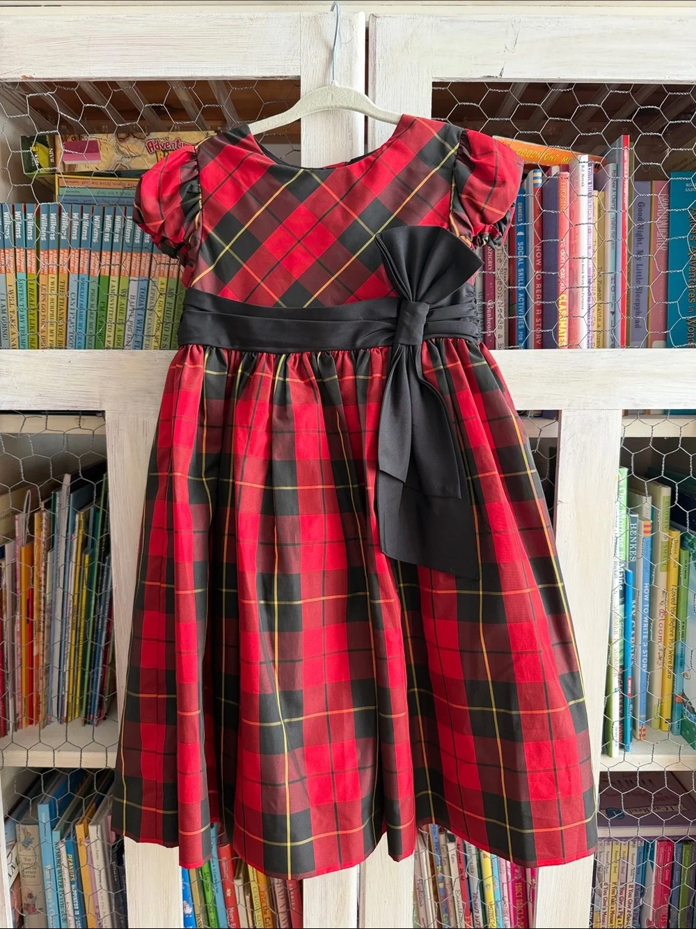 Ralph Lauren Red and Black Plaid Bow-Accent Girls Formal Dress